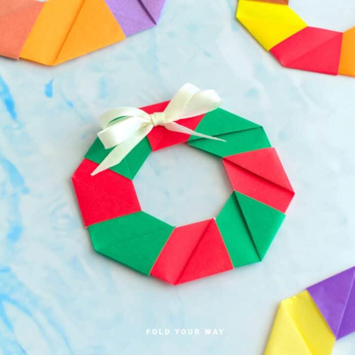 Close up image of an origami wreath.