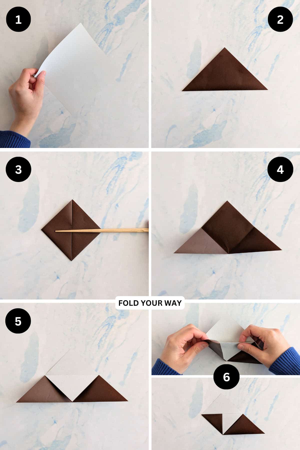 Steps 1 to 6 for folding an origami bat bookmark.