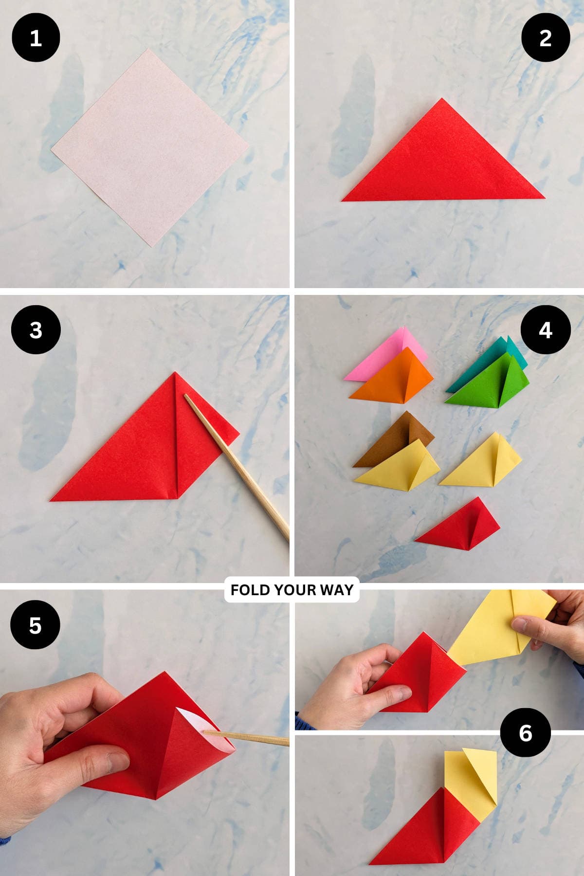 Steps 1 to 6 for folding an origami wreath.
