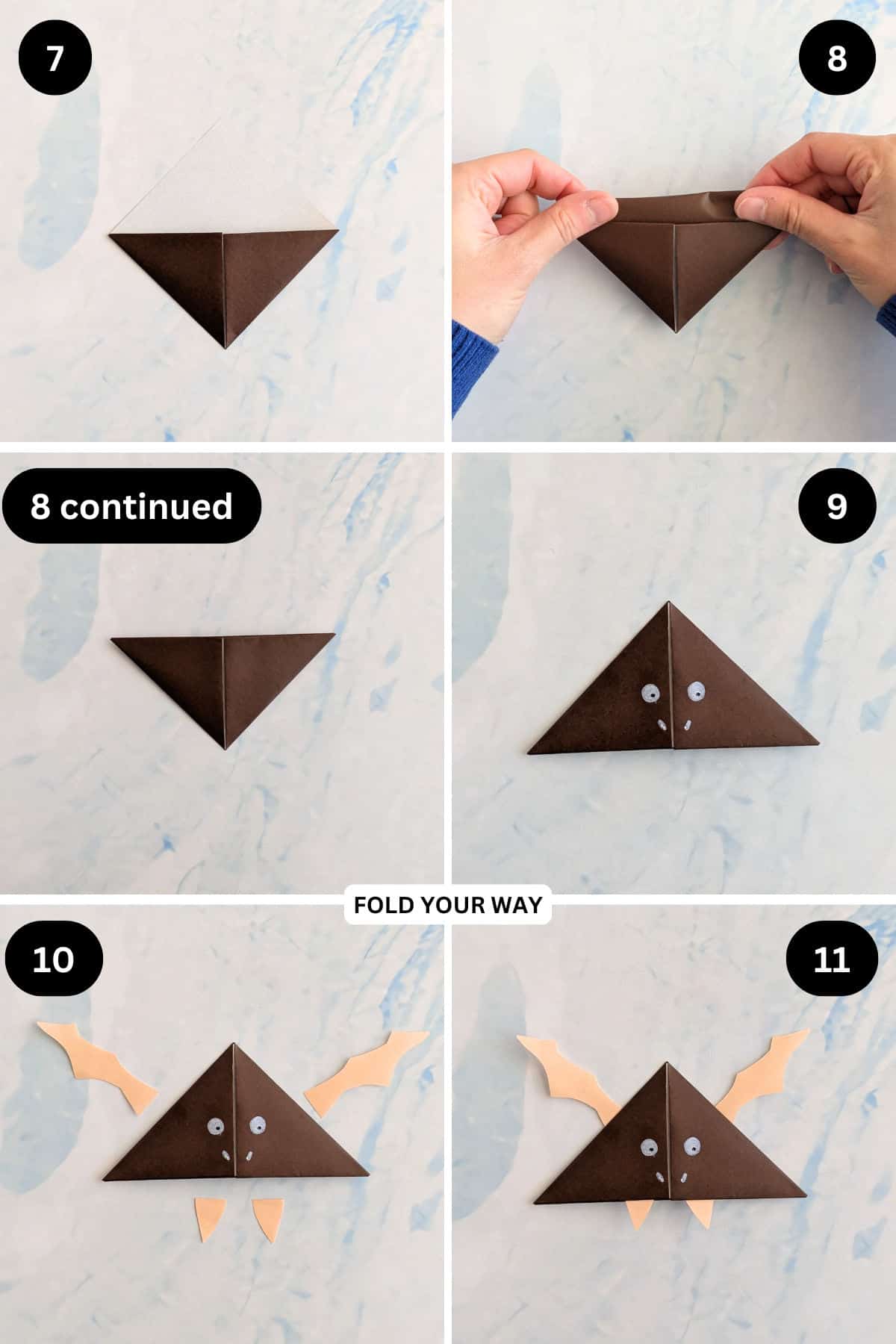 Steps 7 to 11 for folding an origami bat bookmark.