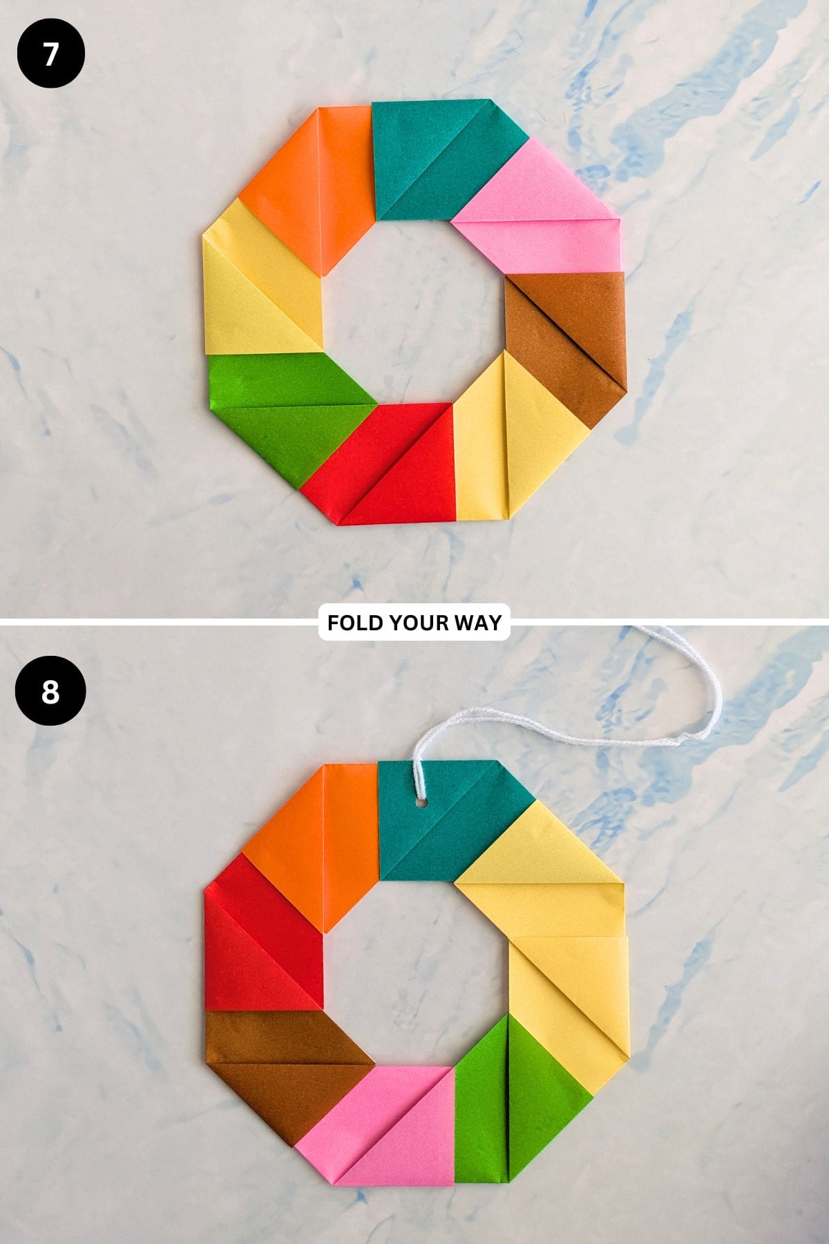 Steps 7 to 8 for folding an origami wreath.
