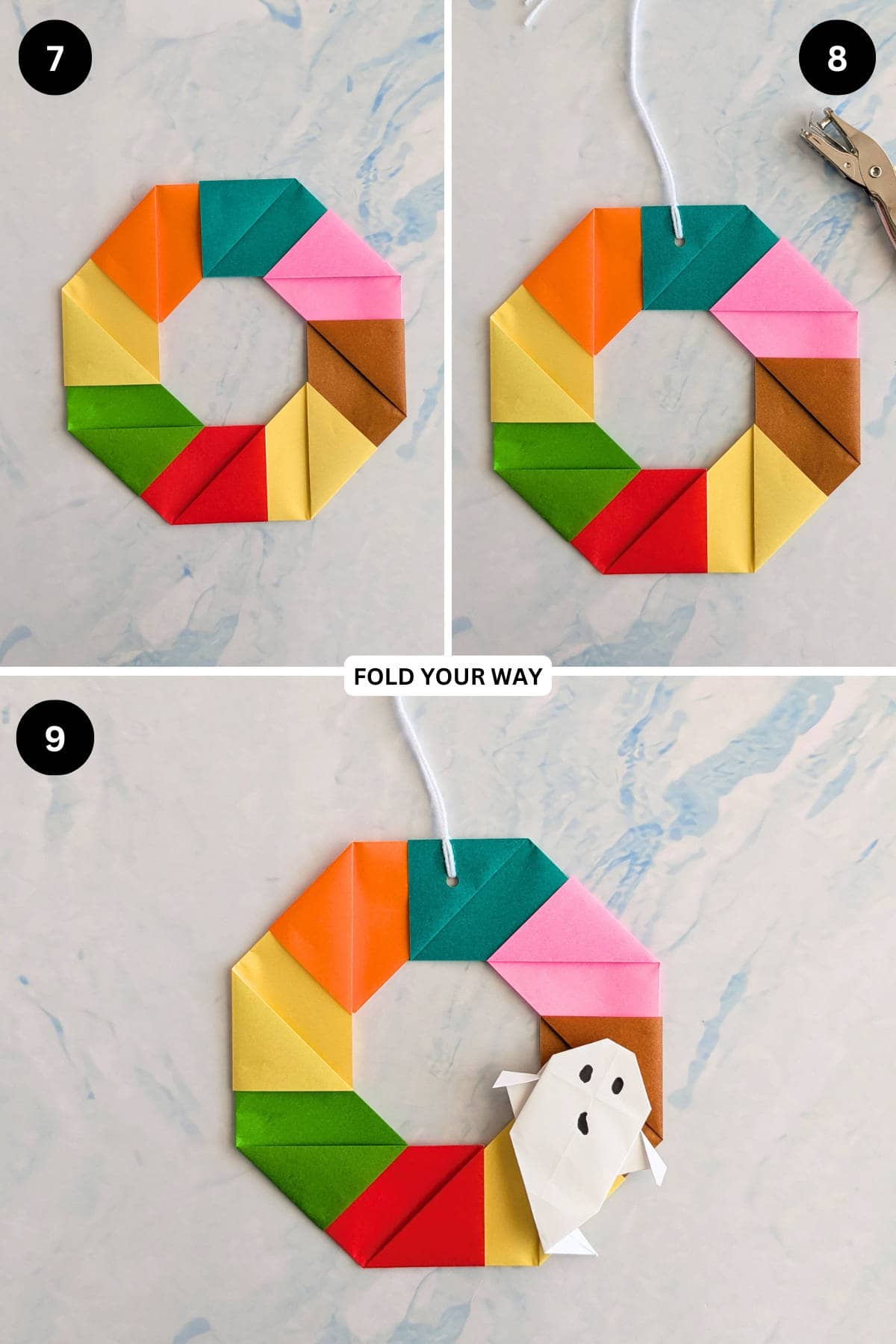 Steps 7 to 9 for folding an origami wreath.