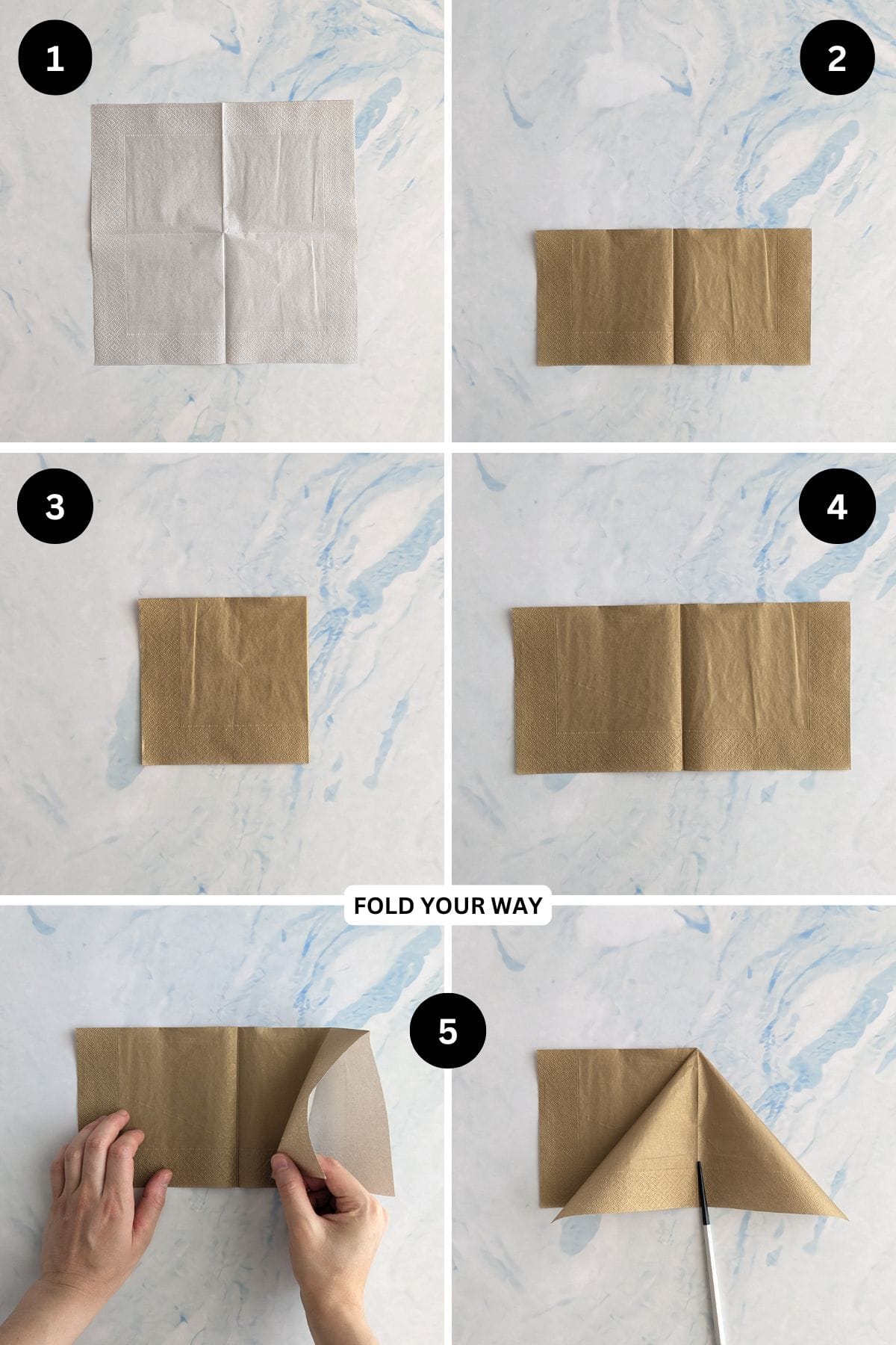 Steps 1 to 5 for folding a standing Christmas tree napkin fold.