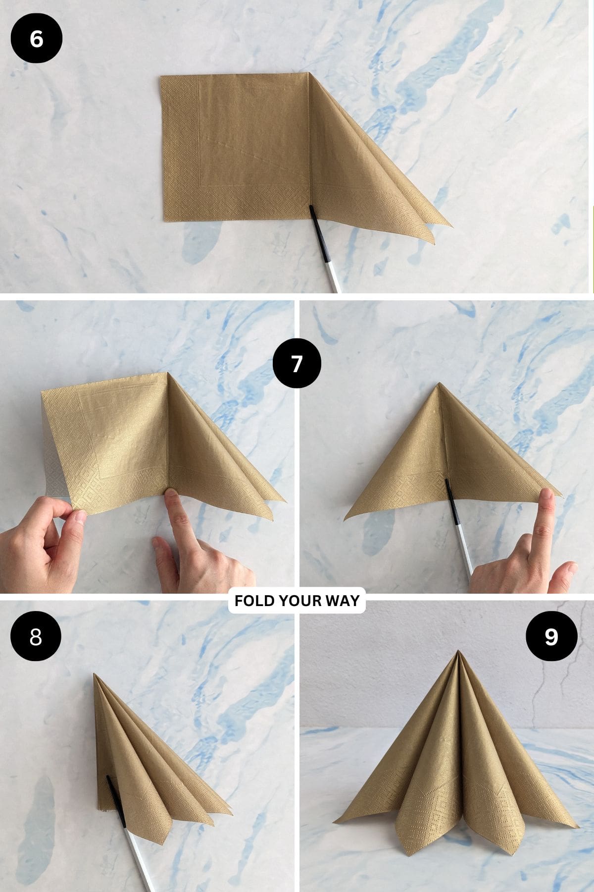 Steps 6 to 9 for folding a standing Christmas tree napkin fold.