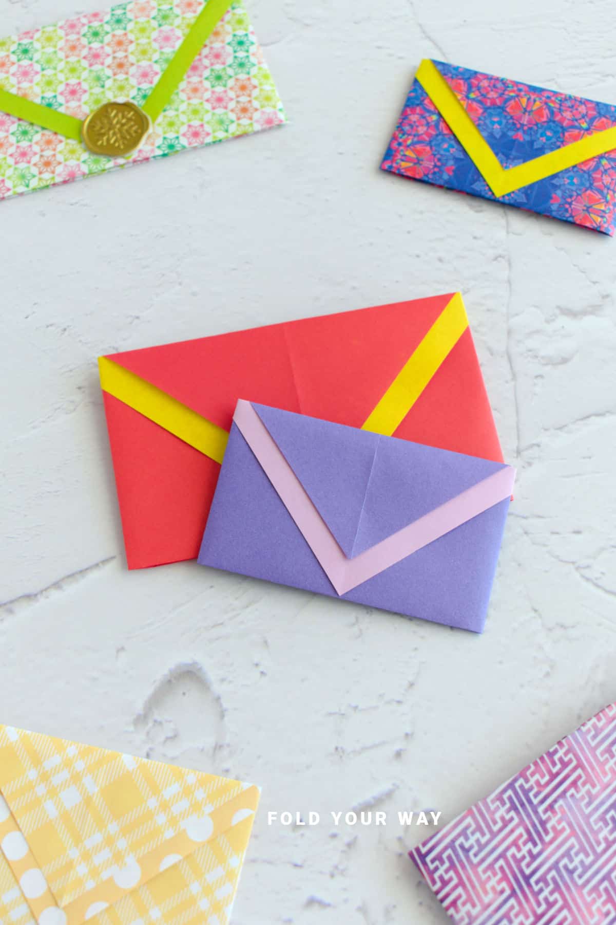 Close up image of origami envelopes.