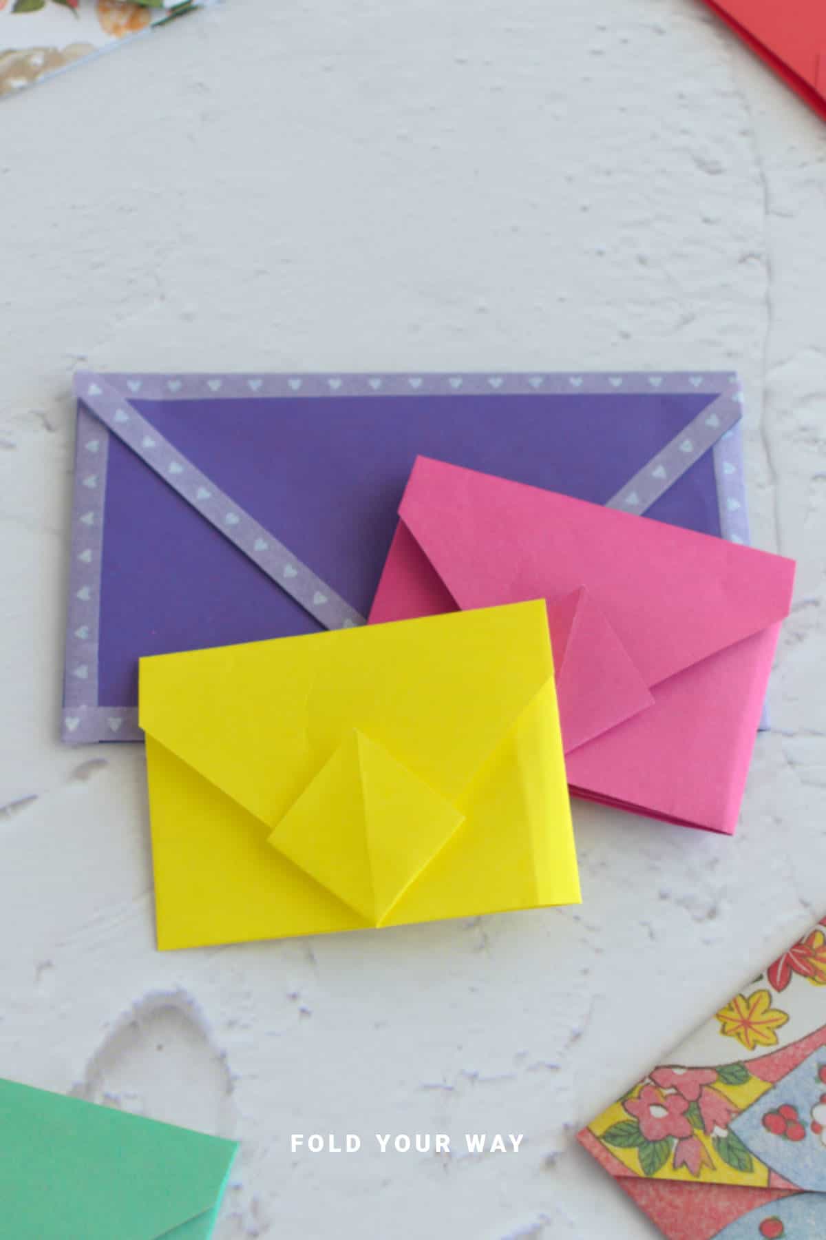 Stack of origami envelopes.