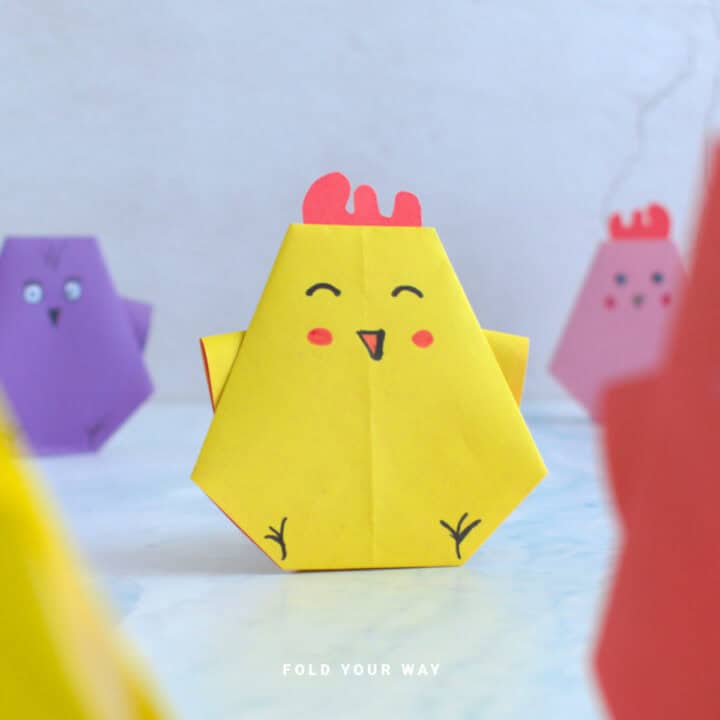 Close up image of an origami chicken.