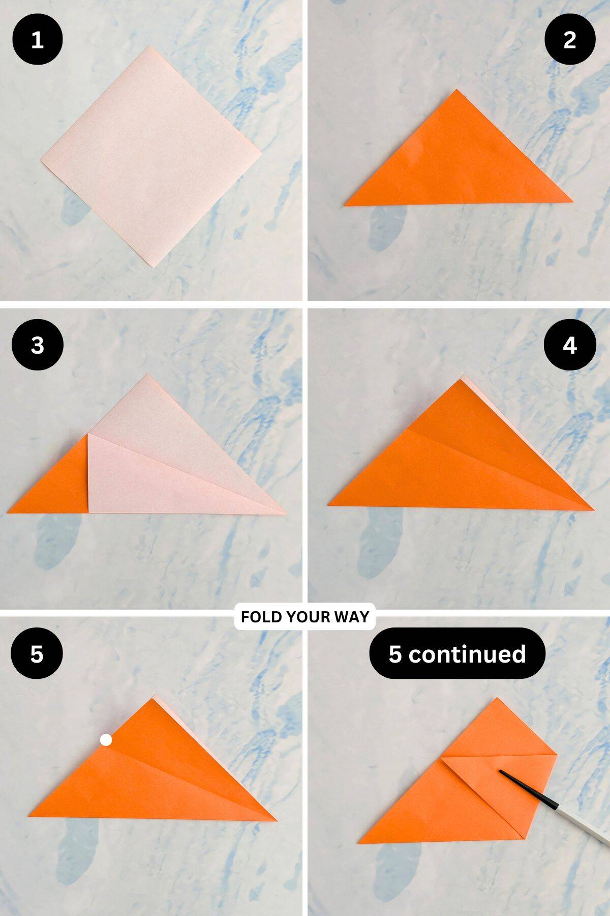 Steps 1 to 5 for folding an origami chicken.