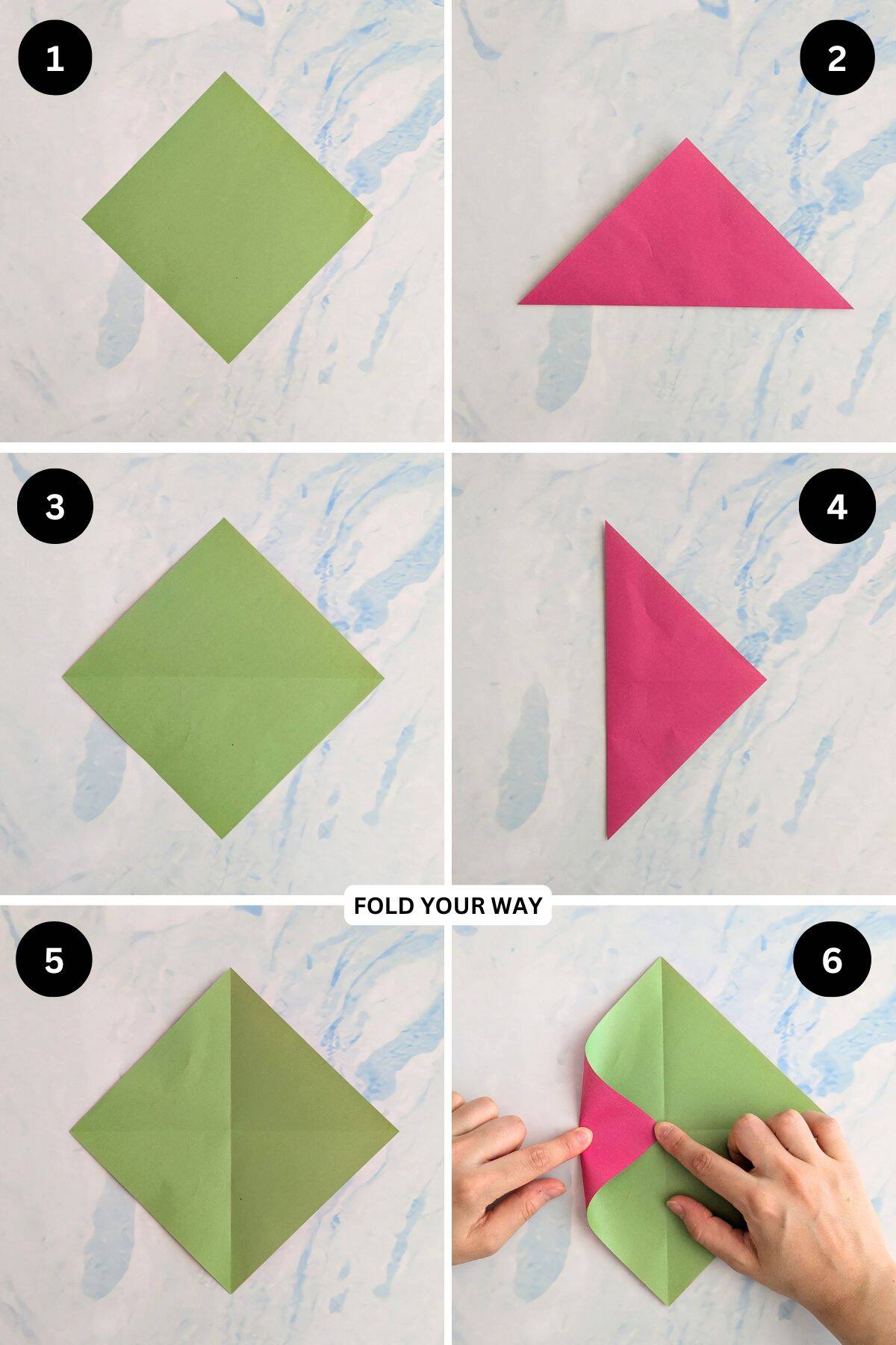 Steps 1 to 6 for folding a paper gift bag.