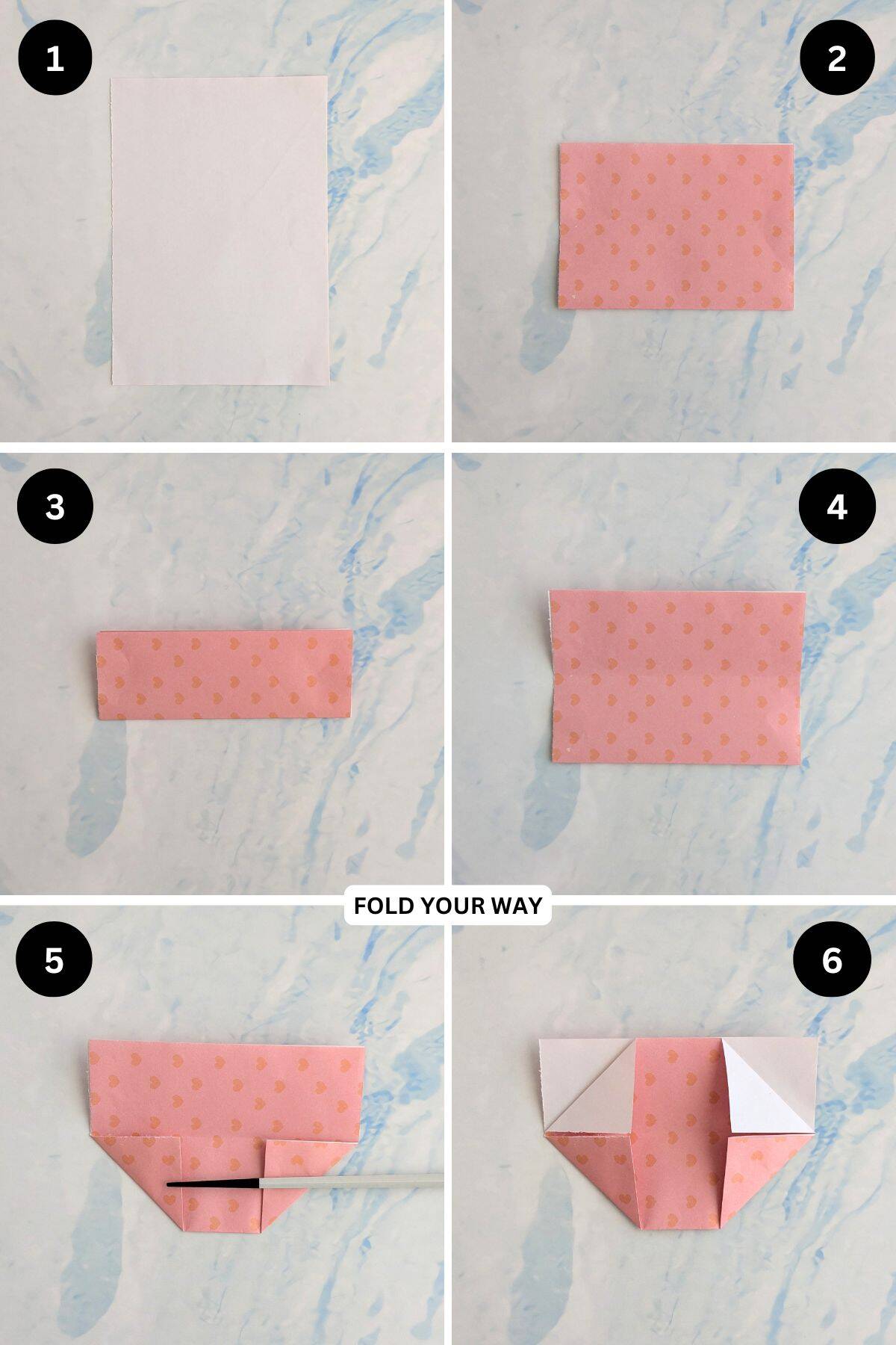 Steps 1 to 6 for folding a paper gift bag.