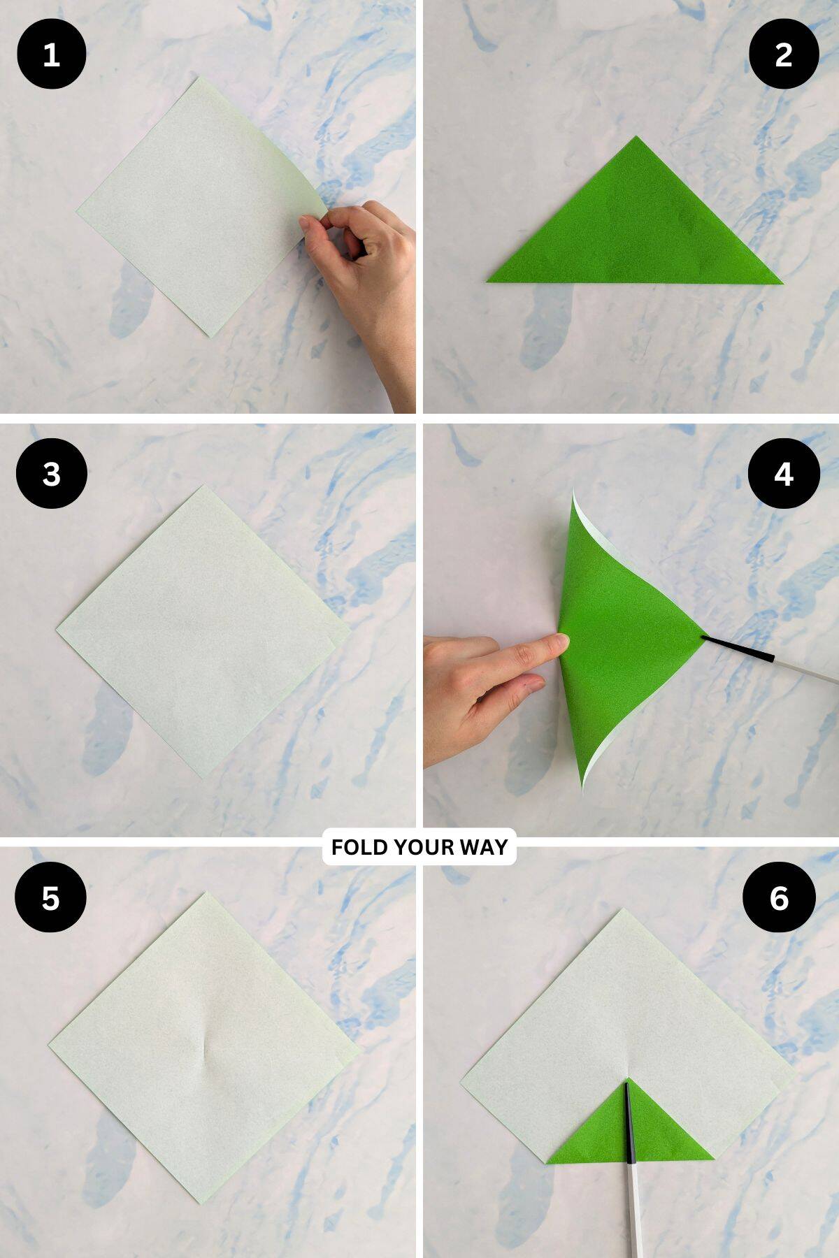 Steps 1 to 6 for folding an origami envelope.