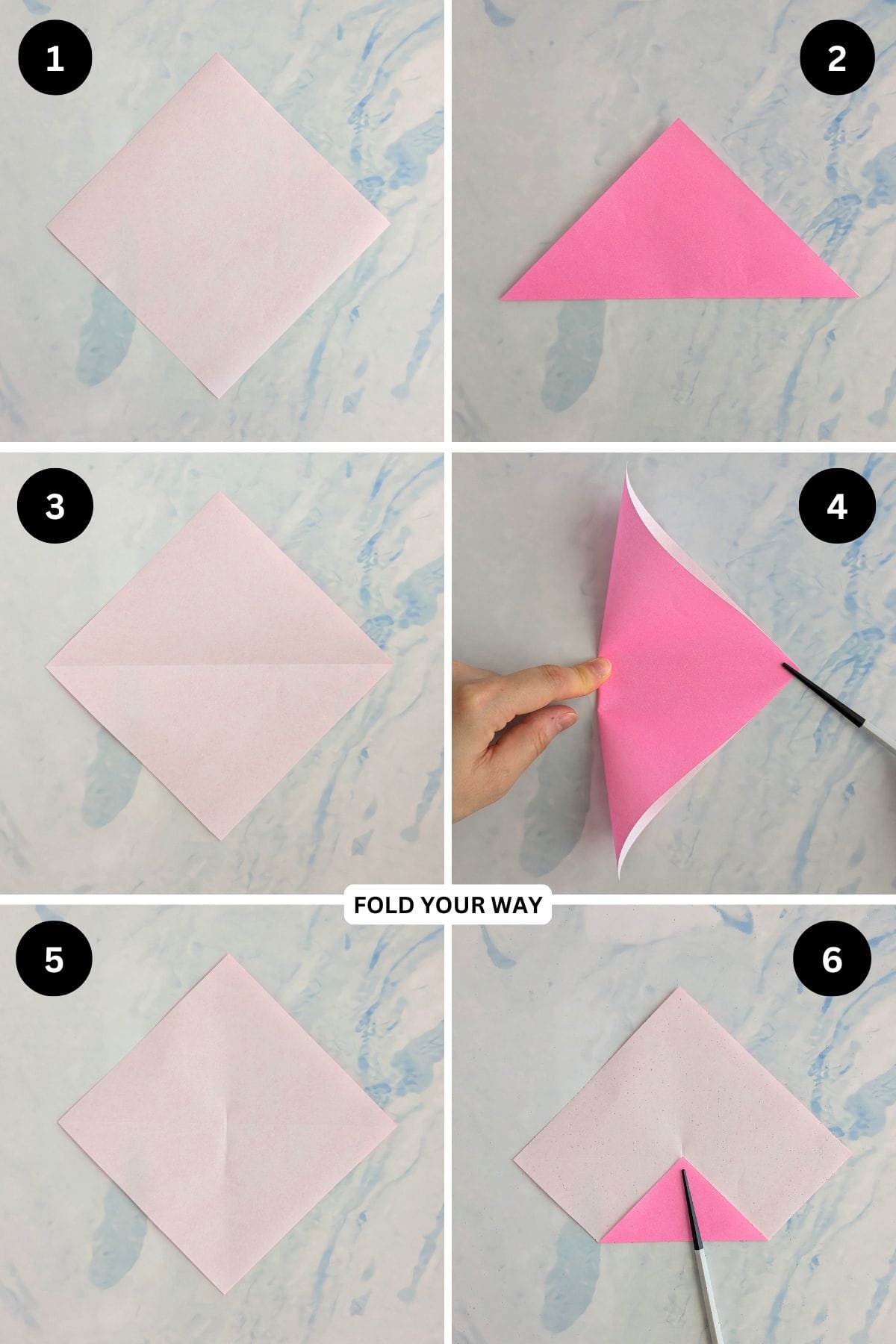 Steps 1 to 6 for folding on origami envelope with heart.