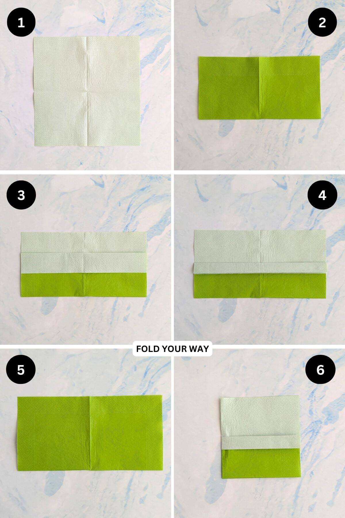 Steps 1 to 6 for folding a paper napkin.
