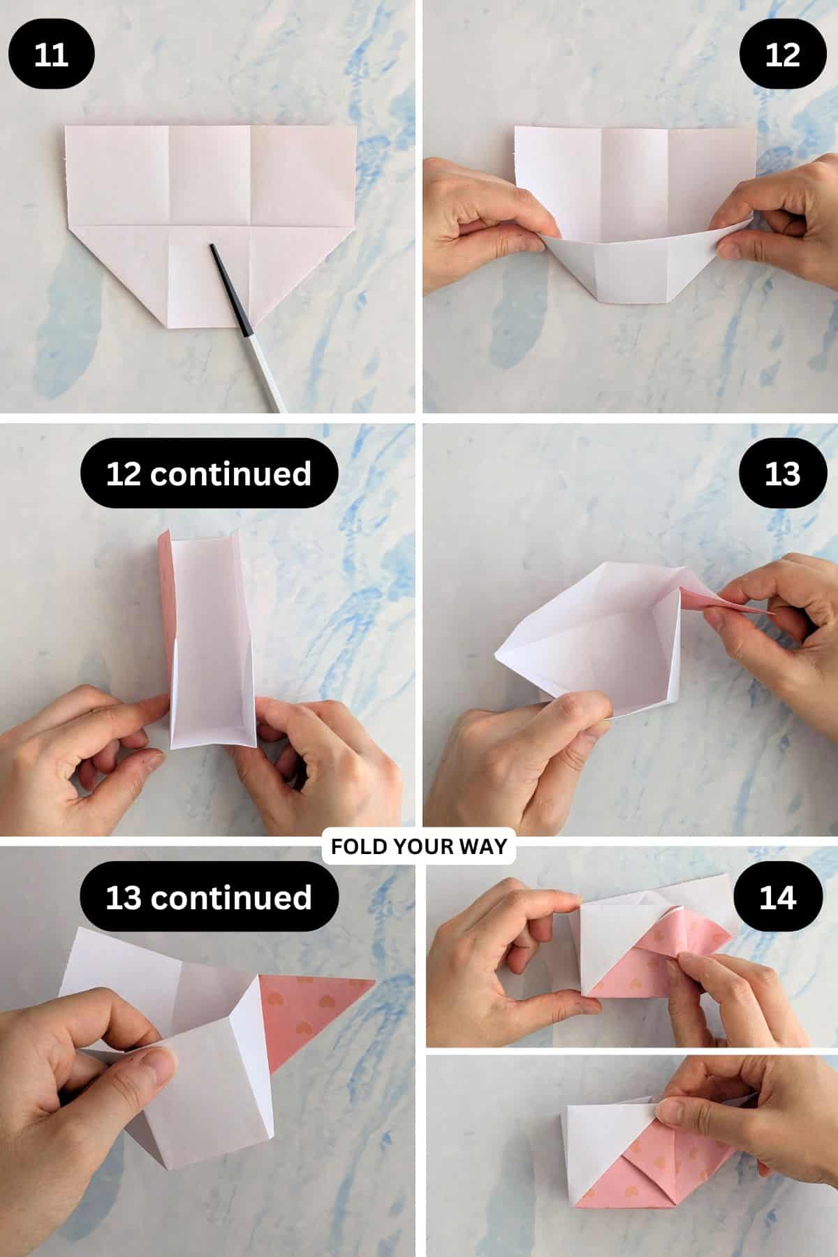 Steps 11 to 14 for folding a paper gift bag.