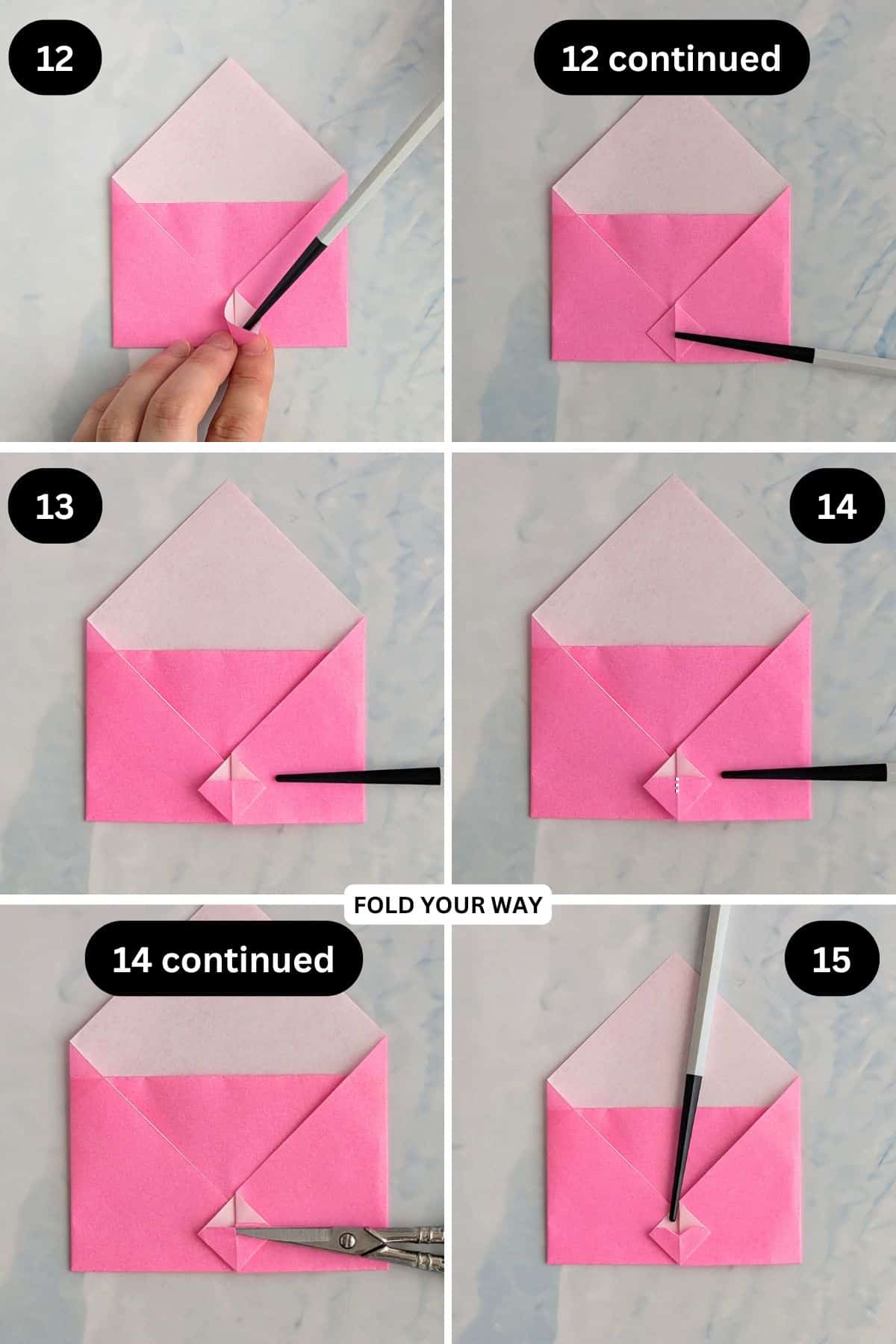 Steps 12 to 15 for folding on origami envelope with heart.
