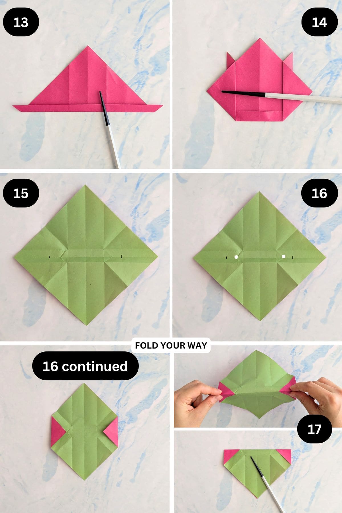 Steps 13 to 17 for folding a paper gift bag.