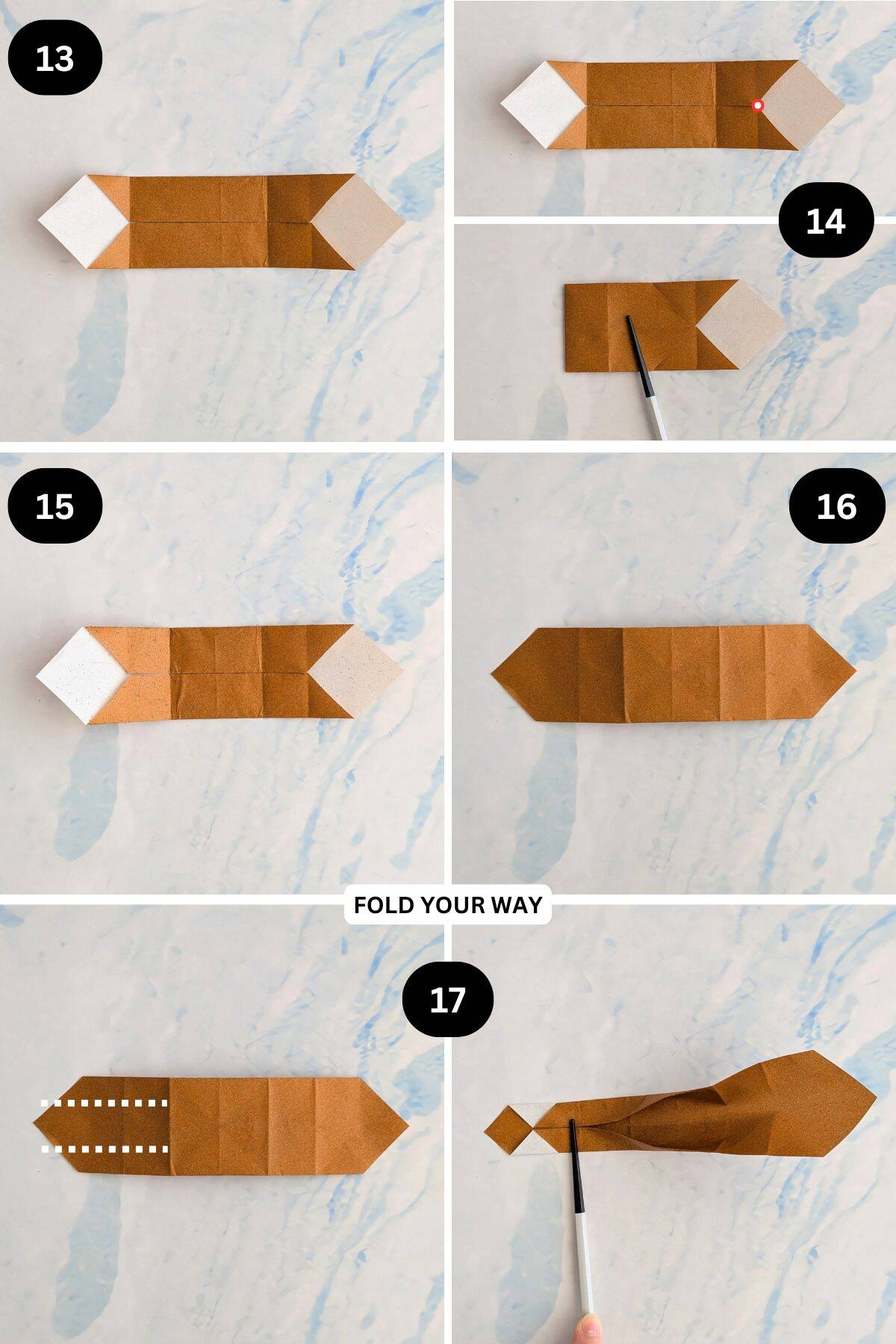 Steps 13 to 17 for folding an origami rabbit.