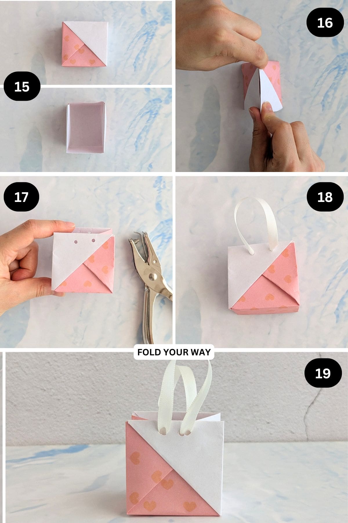 Steps 15 to 19 for folding a paper gift bag.