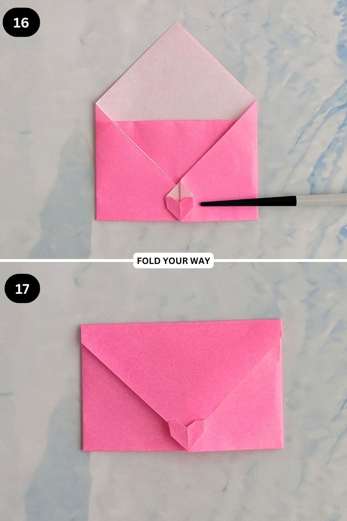 Steps 16 to 17 for folding on origami envelope with heart.