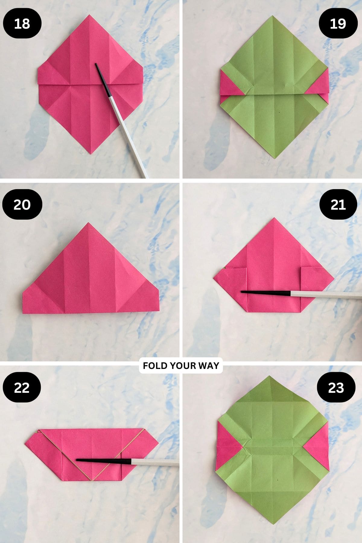 Steps 18 to 23 for folding a paper gift bag.