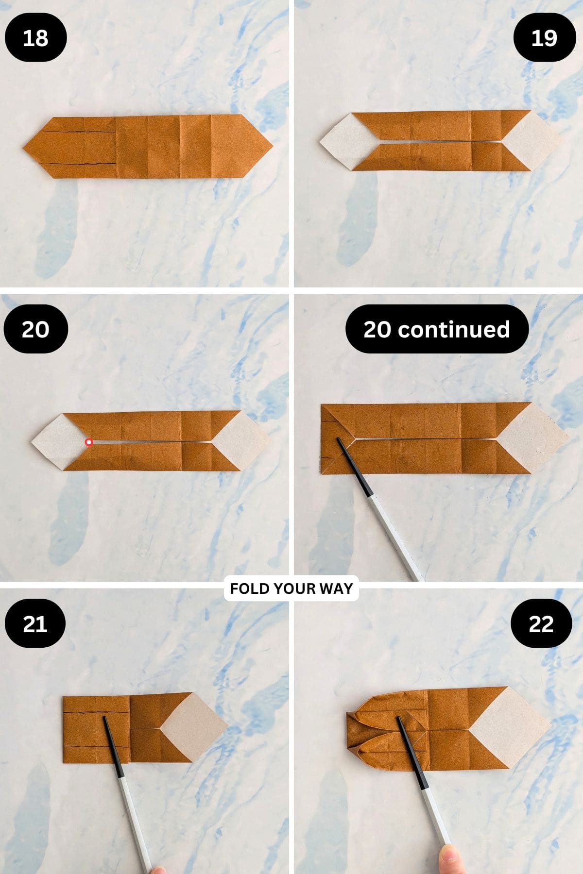 Steps 18 to 22 for folding an origami rabbit.