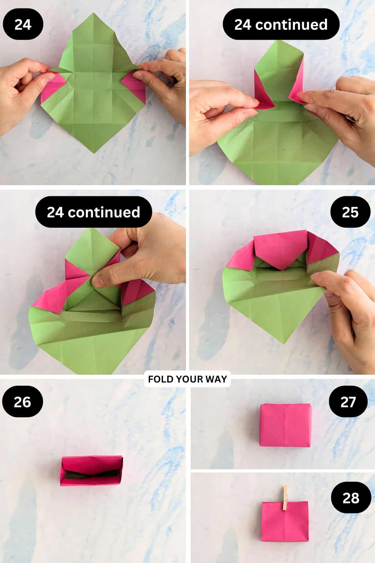 Steps 24 to 28 for folding a paper gift bag.