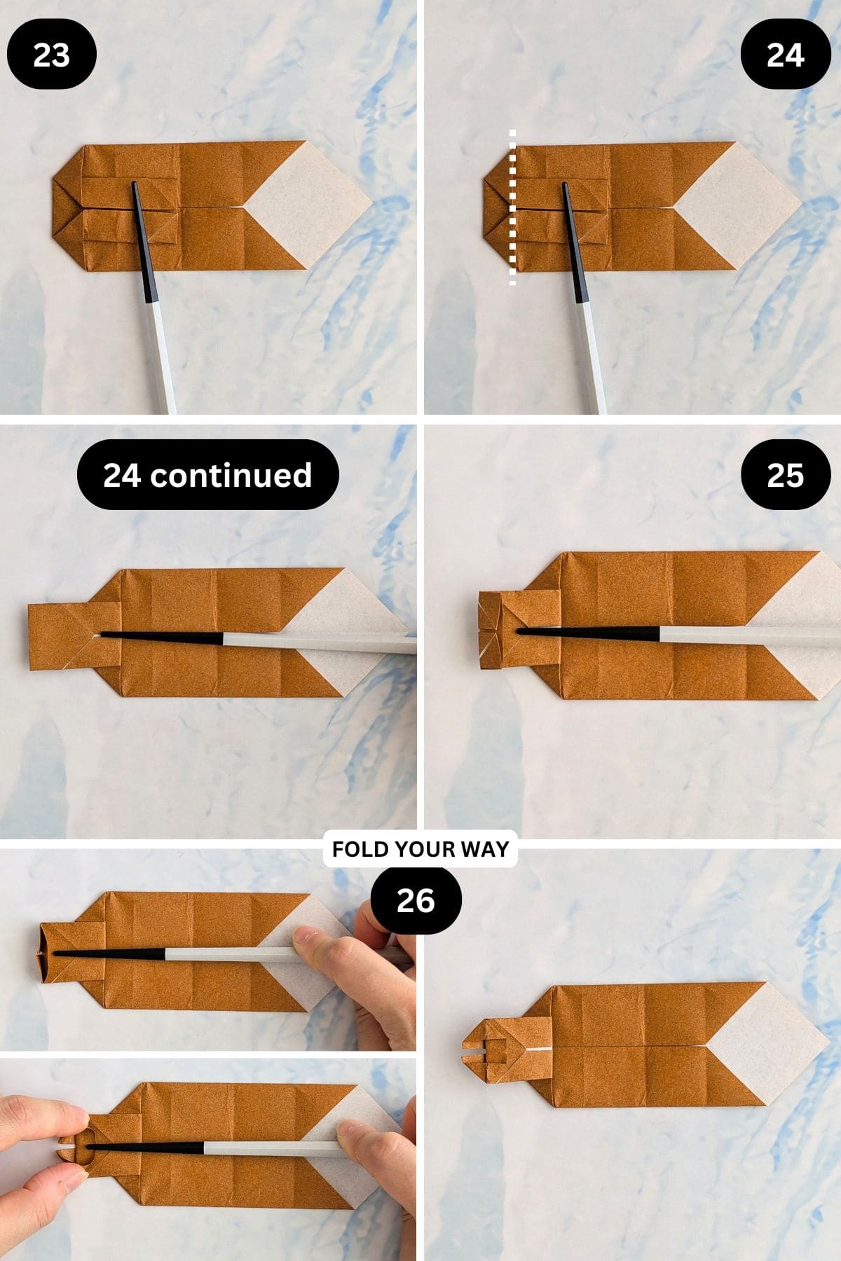 Steps 23 to 26 for folding an origami rabbit.