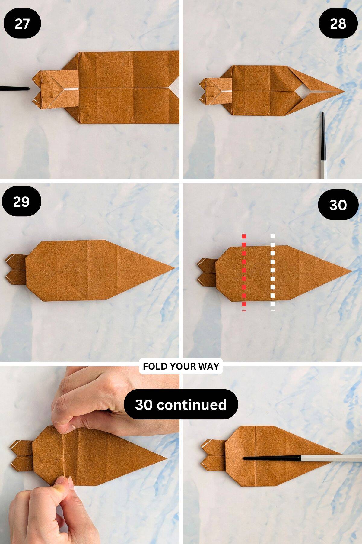 Steps 27 to 30 for folding an origami rabbit.