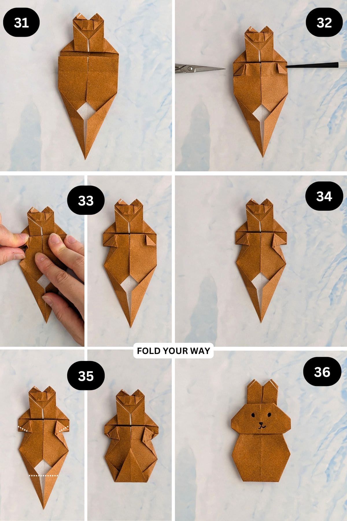Steps 31 to 36 for folding an origami rabbit.
