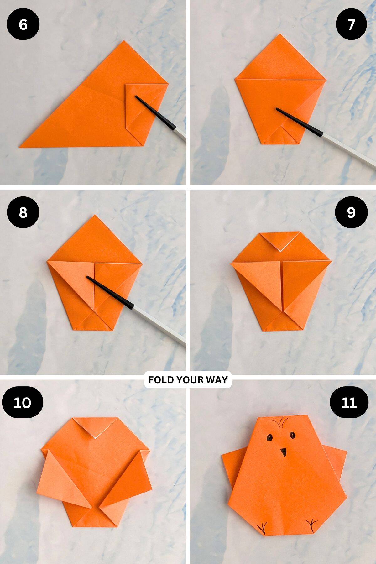 Steps 6 to 11 for folding an origami chicken.