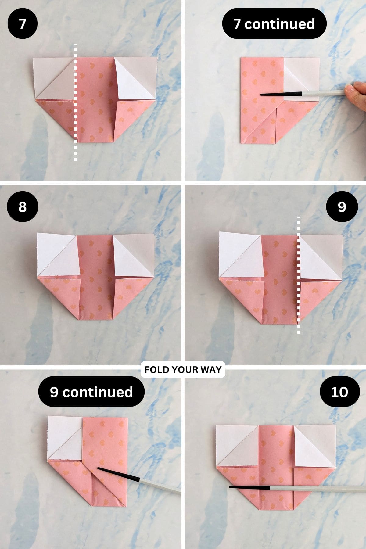 Steps 7 to 10 for folding a paper gift bag.