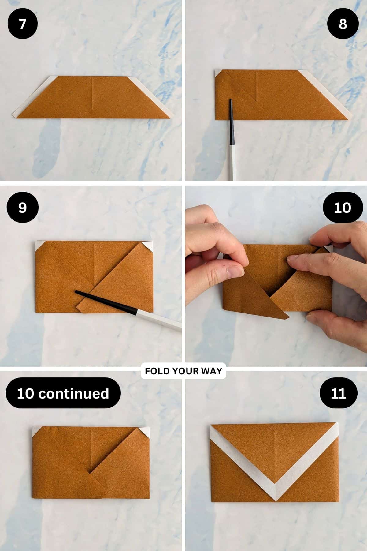 Steps 7 to 11 for folding an envelope.