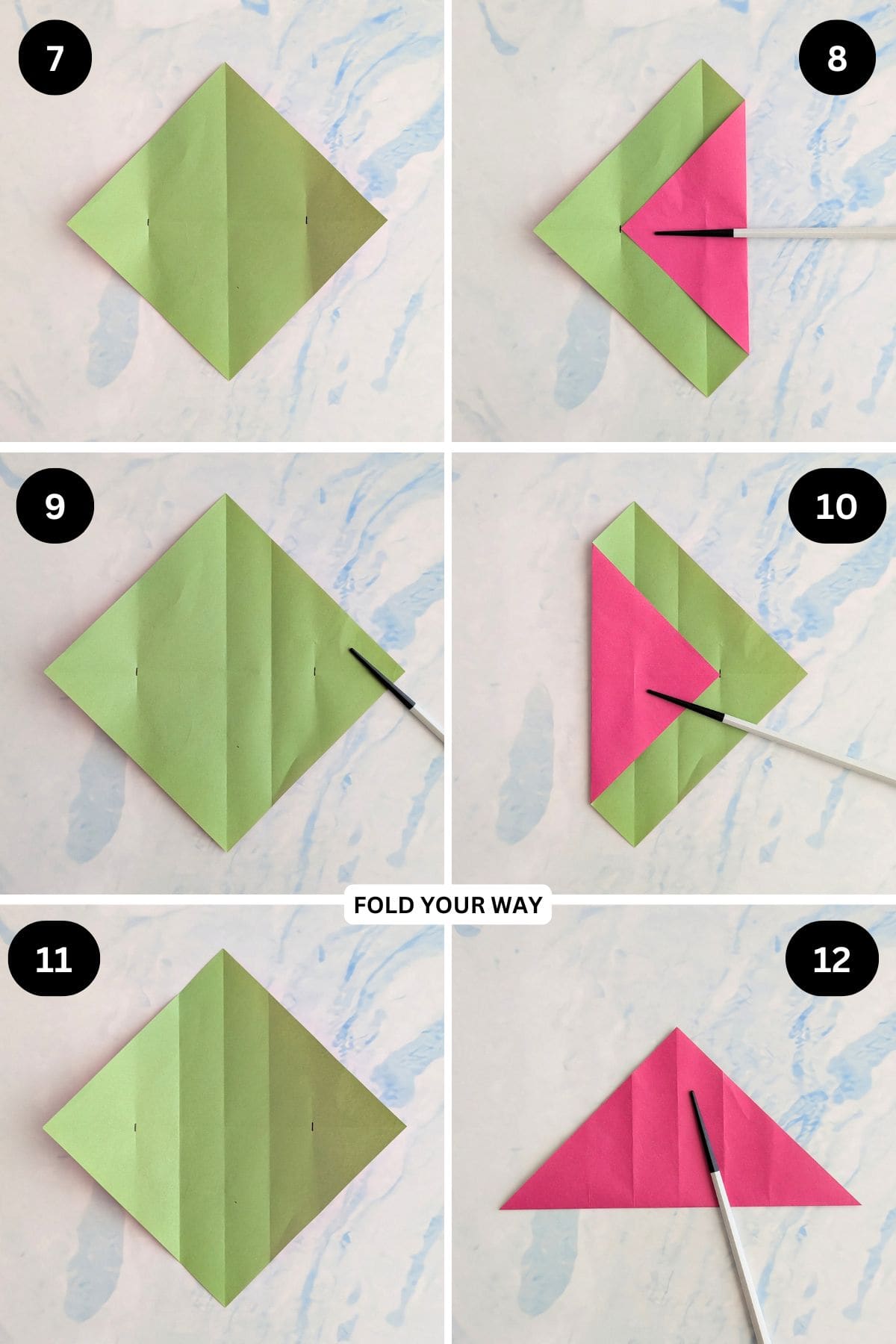 Steps 7 to 12 for folding a paper gift bag.