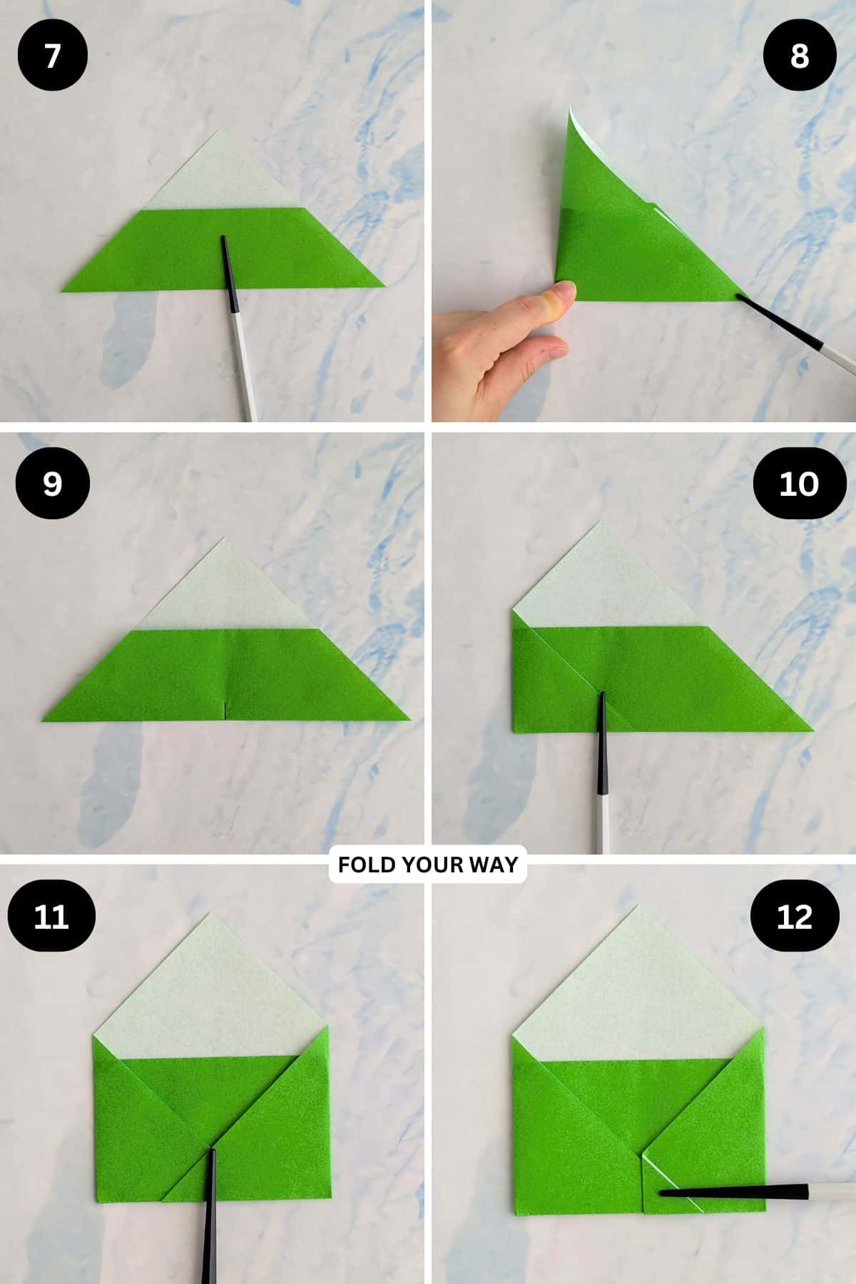 Steps 7 to 12 for folding an origami envelope.