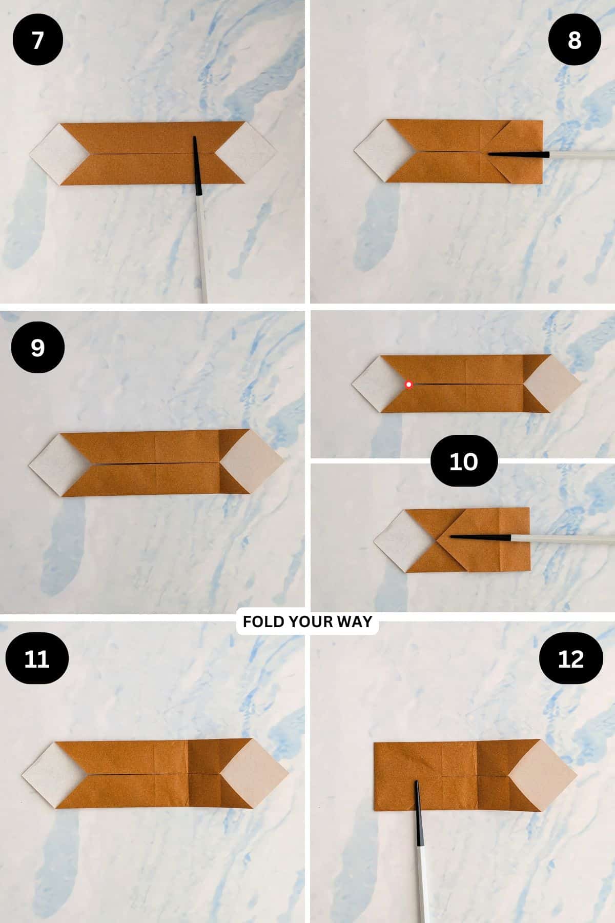 Steps 7 to 12 for folding an origami rabbit.