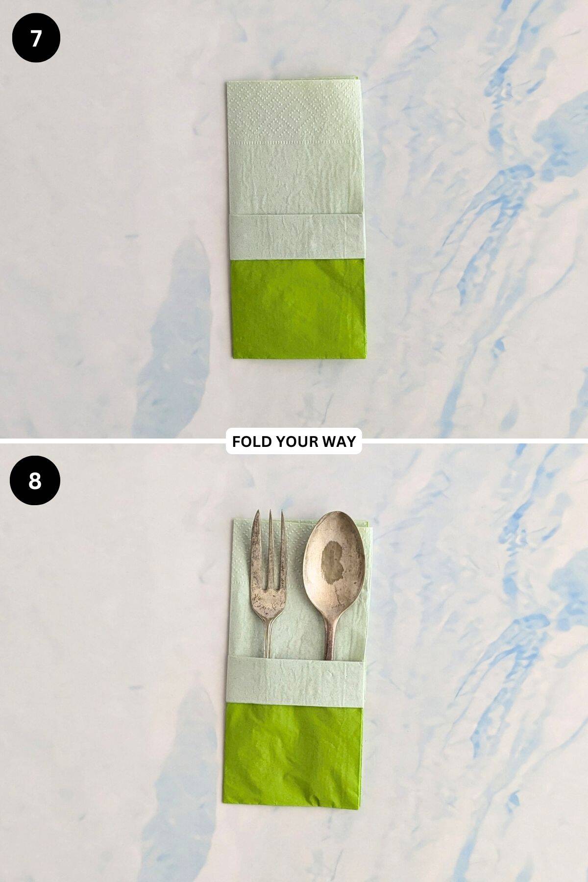 Steps 7 to 8 for folding a paper napkin.
