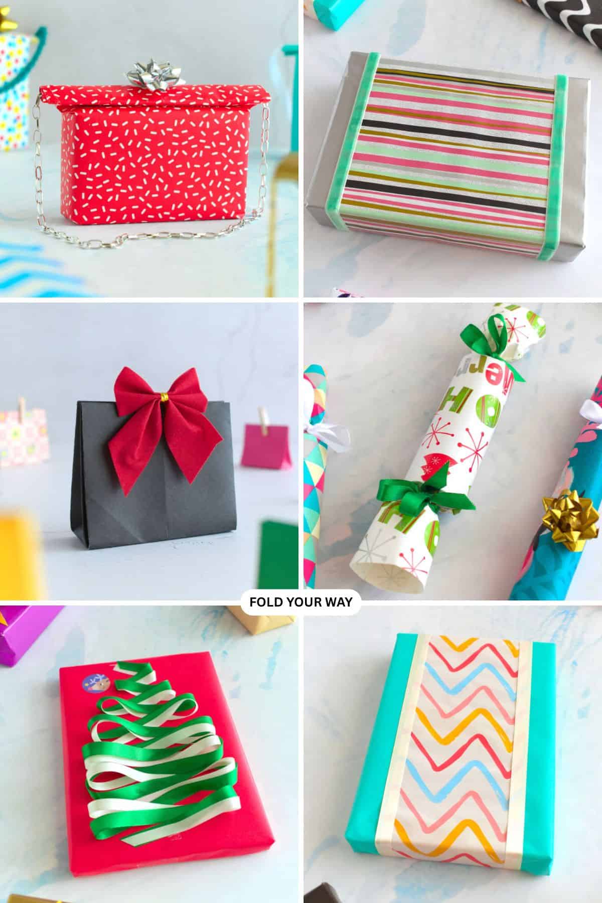 Collage of wrapped gifts.