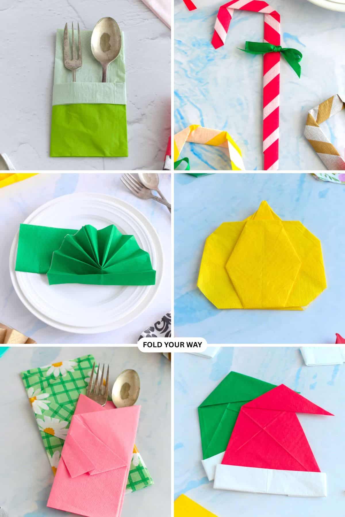 Collage of various napkin folding ideas.