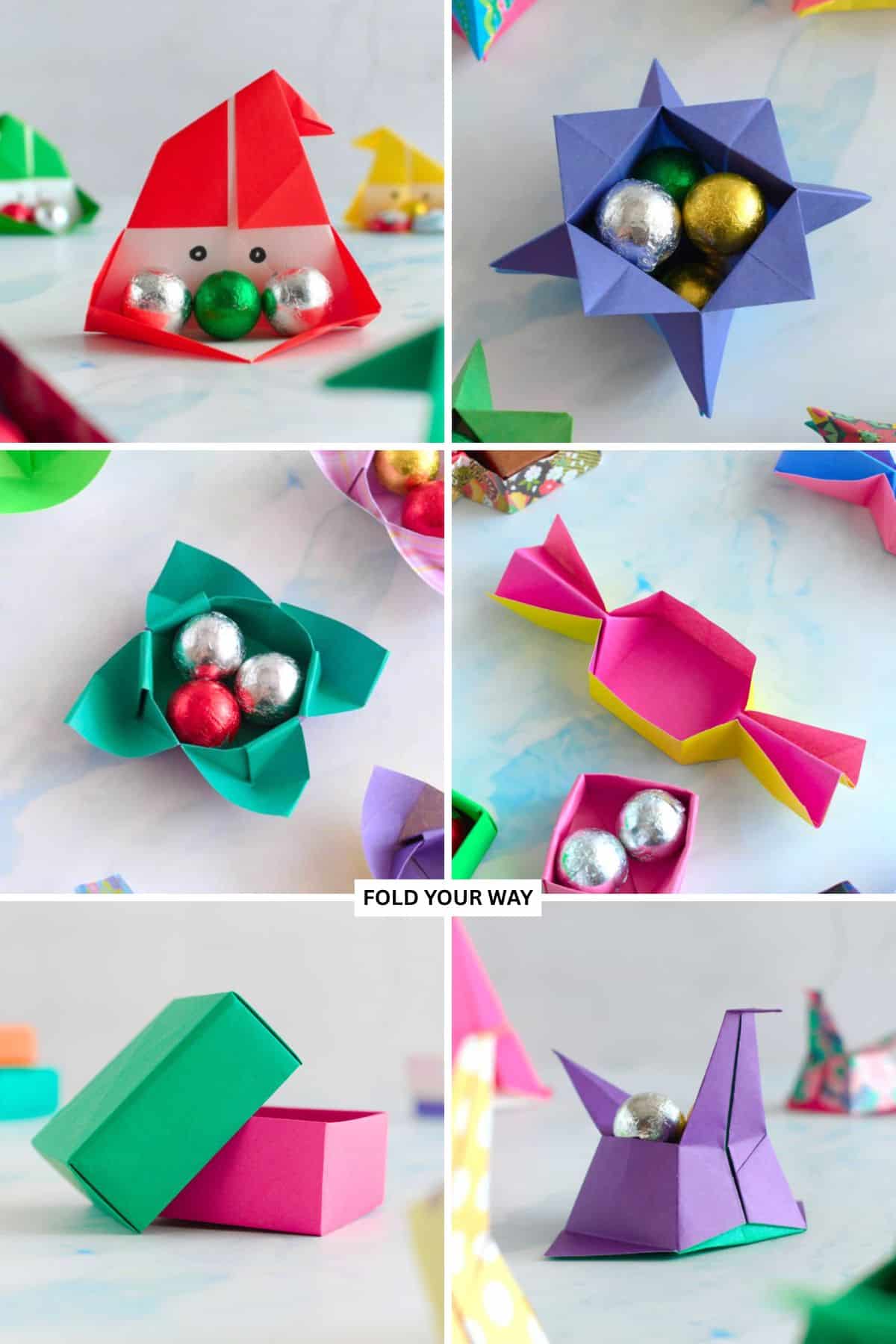 Collage of origami boxes.