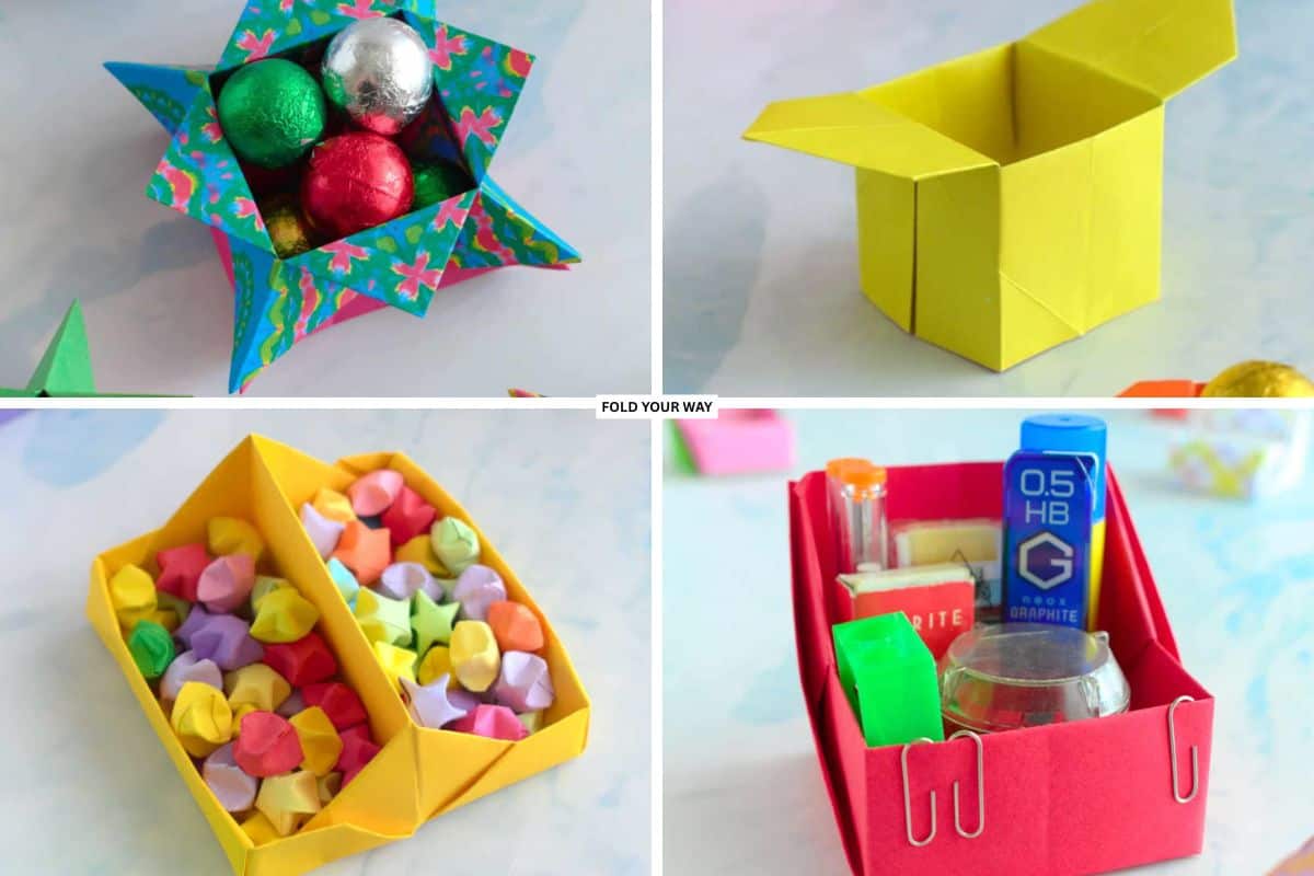 Collage of various origami boxes.