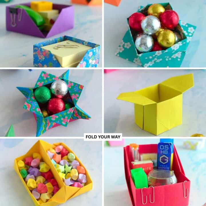 Collage of origami boxes.