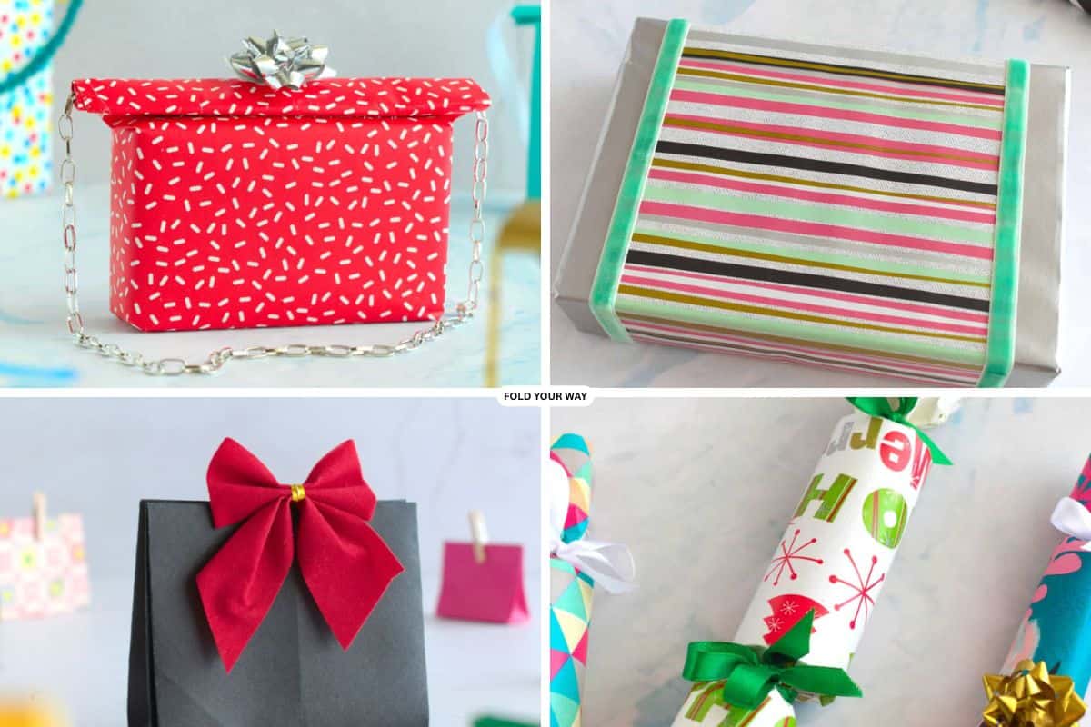Collage of four gift wrapping ideas.