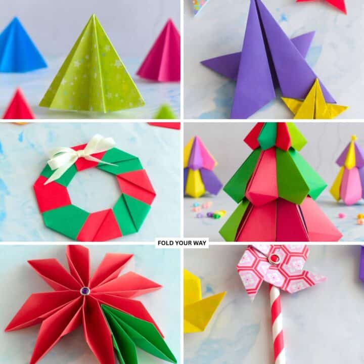 Collage of Christmas origami decorations.