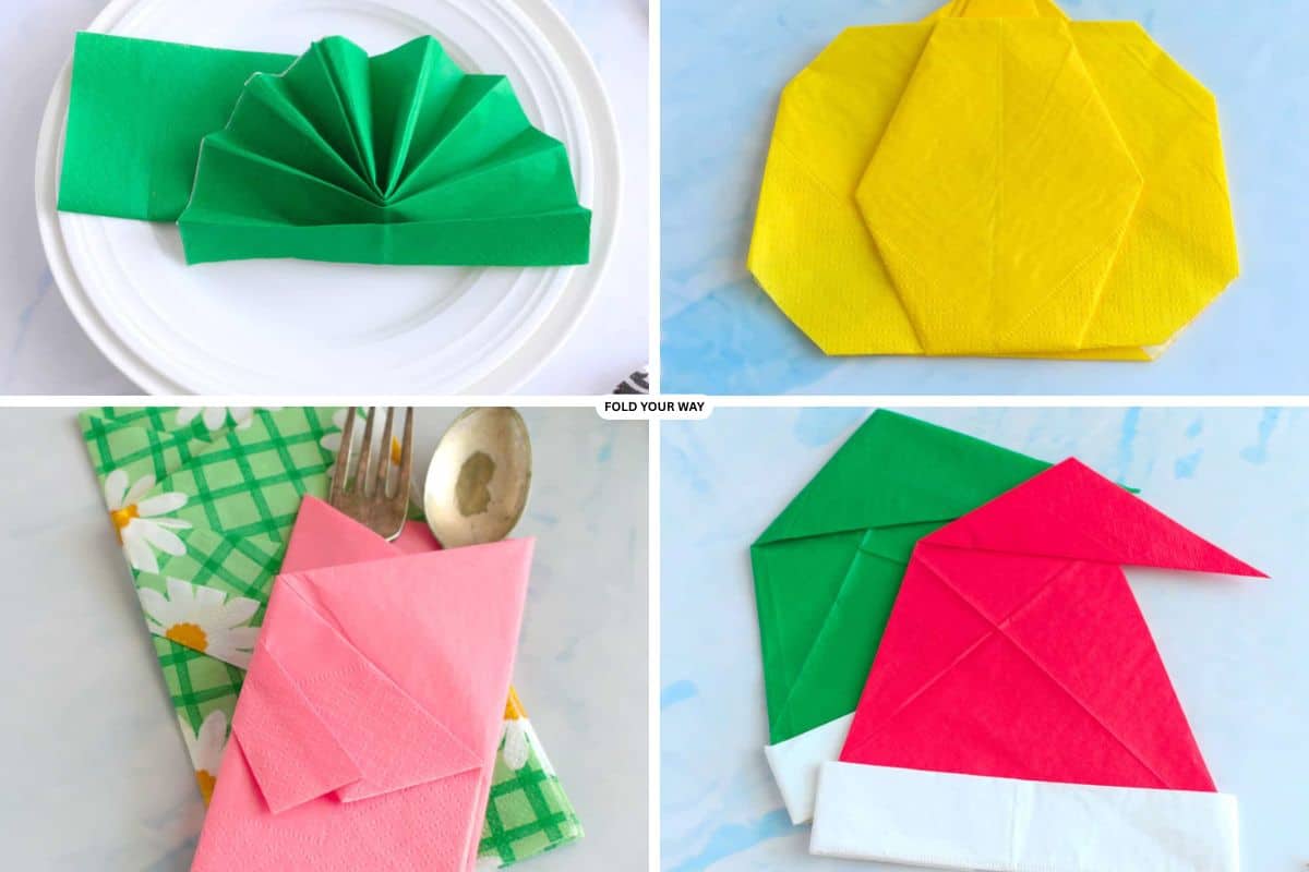 Collage of various folded napkins.