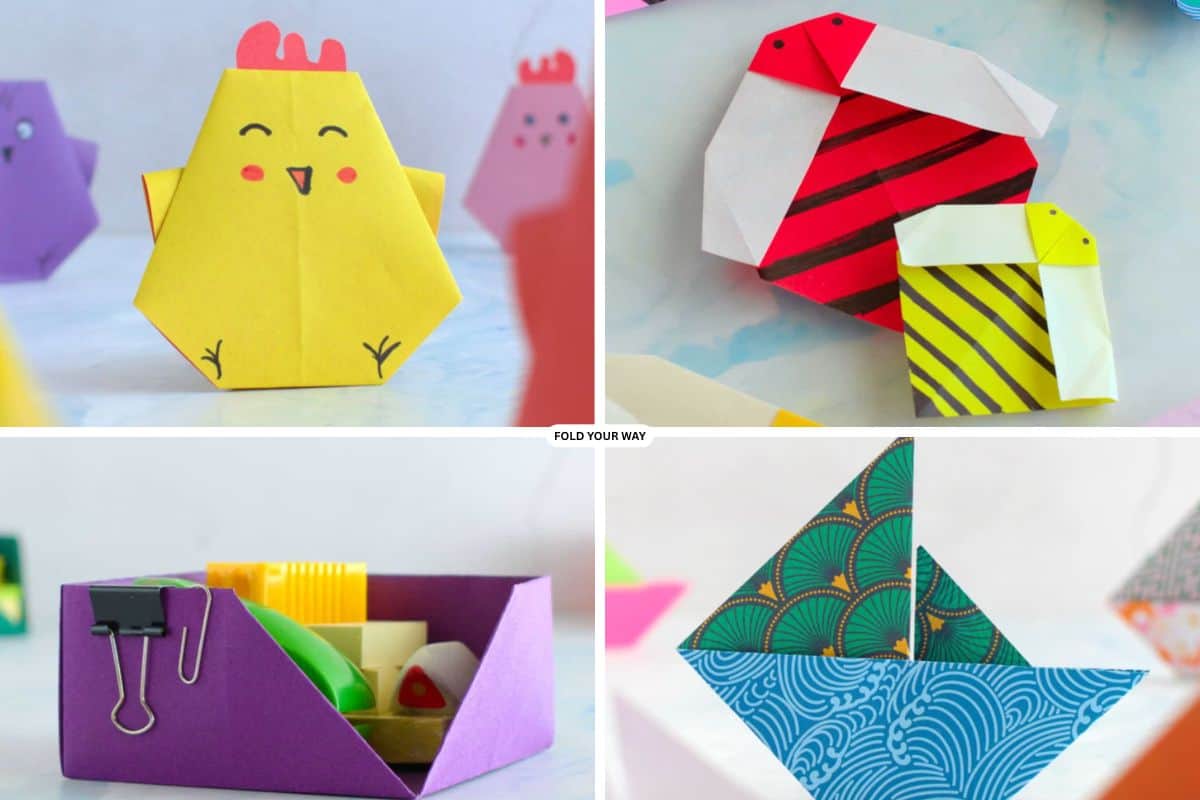 Collage of origami projects.