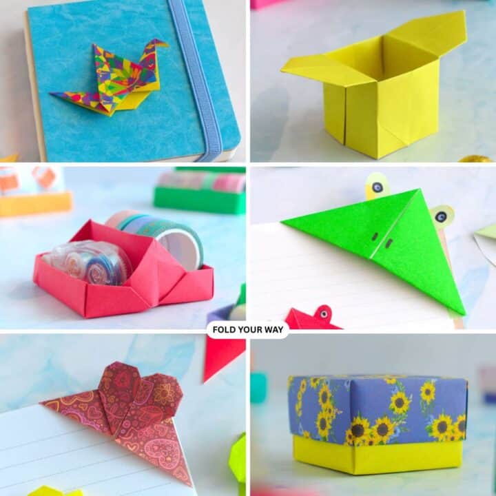 Collage of origami bookmarks and boxes.